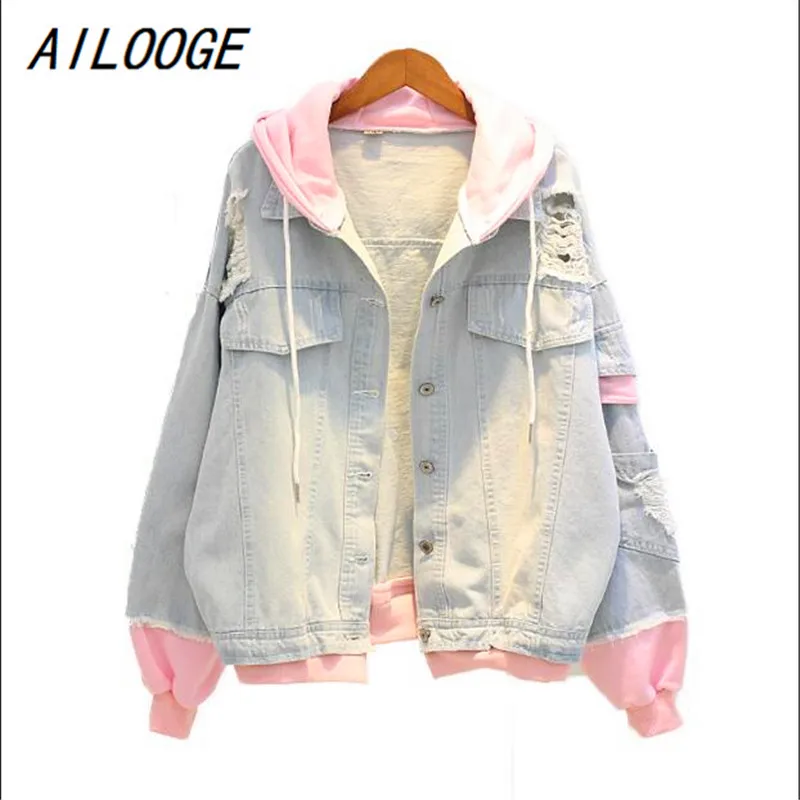 

AILOOGE Autumn Hooded Denim Jacket For Women Casual BF Jeans Jacket Holes Vintage Coat Female loose Streetwear Basic Coat