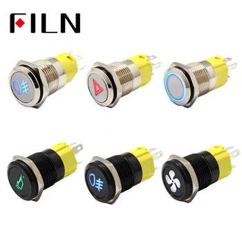 

16mm 12v LED stainless steel black metal push button switch dashboard warning symbol momentary latching on off car racing switch