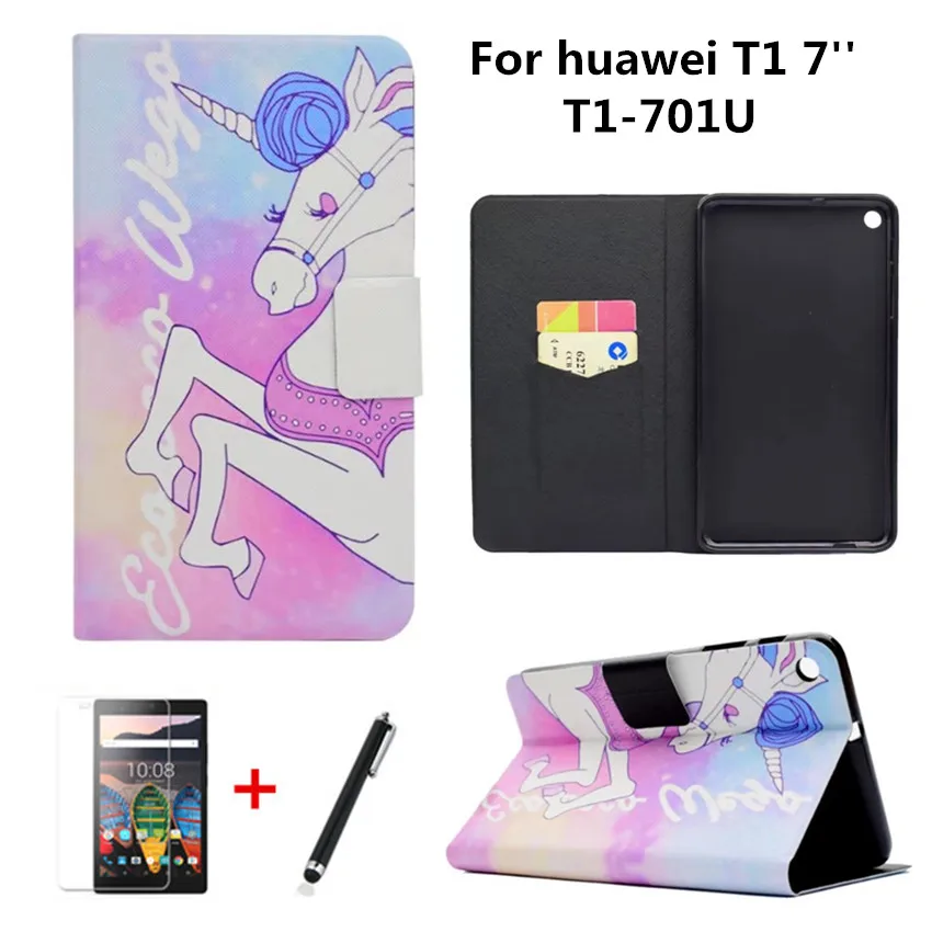 For Huawei Mediapad T1 7.0 Screen Tablet T1 701U BGO-DL09 Lte T1-701UA Tablet Case T1-701U Smart Pu Leather Stand Cover+Film+Pen