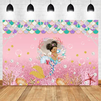 

NeoBack Mermaid Princess Baby Shower Photography Backdrops Pearl Shell Pink Shinny Birthday Party Banner Background Photography