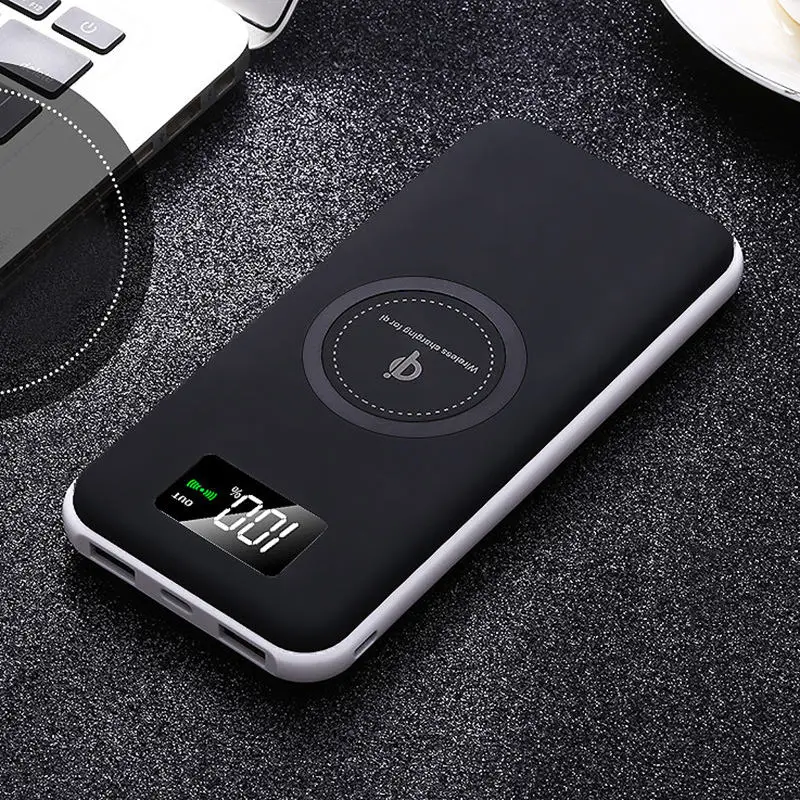 Высокая емкость 10000 мАч, зарядное устройство Qi, беспроводное зарядное устройство, светодиодный дисплей, двойной USB внешний аккумулятор, повербанк для мобильного телефона - Цвет: Черный