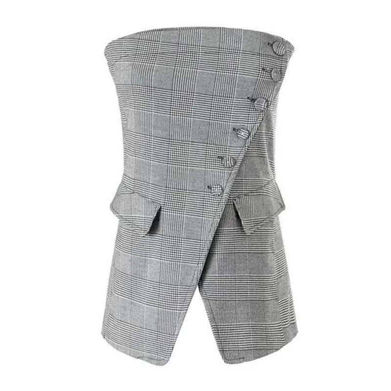 

Vintage Elastic Slash Neck Plaid Crop top Short Vest 2017 New Women Oblique buckle Slit Hem Short Top Femme T-shirt