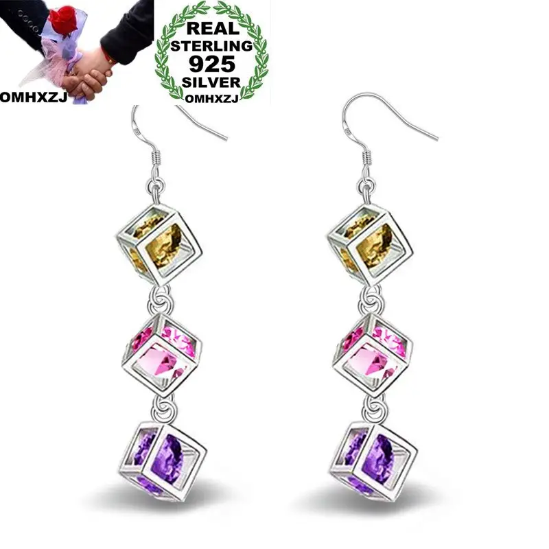 

OMHXZJ Wholesale Personality Fashion OL Woman Girl Party Wedding White Cube Colorful Zircon 925 Sterling Silver Earrings YE311