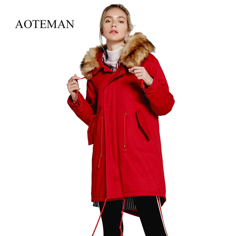 AOTEMAN 1300g New Hooded Winter Women Parka Casual Jacket Long Faux Fur Hoddy Female Thick Warm Coat Drawstring Outwear Parka