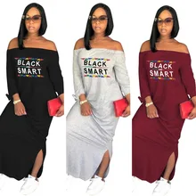 Autumn New Women Dresses Long Sleeve Letter Black Smart Slash Neck Loose Long Design Ladies Dress