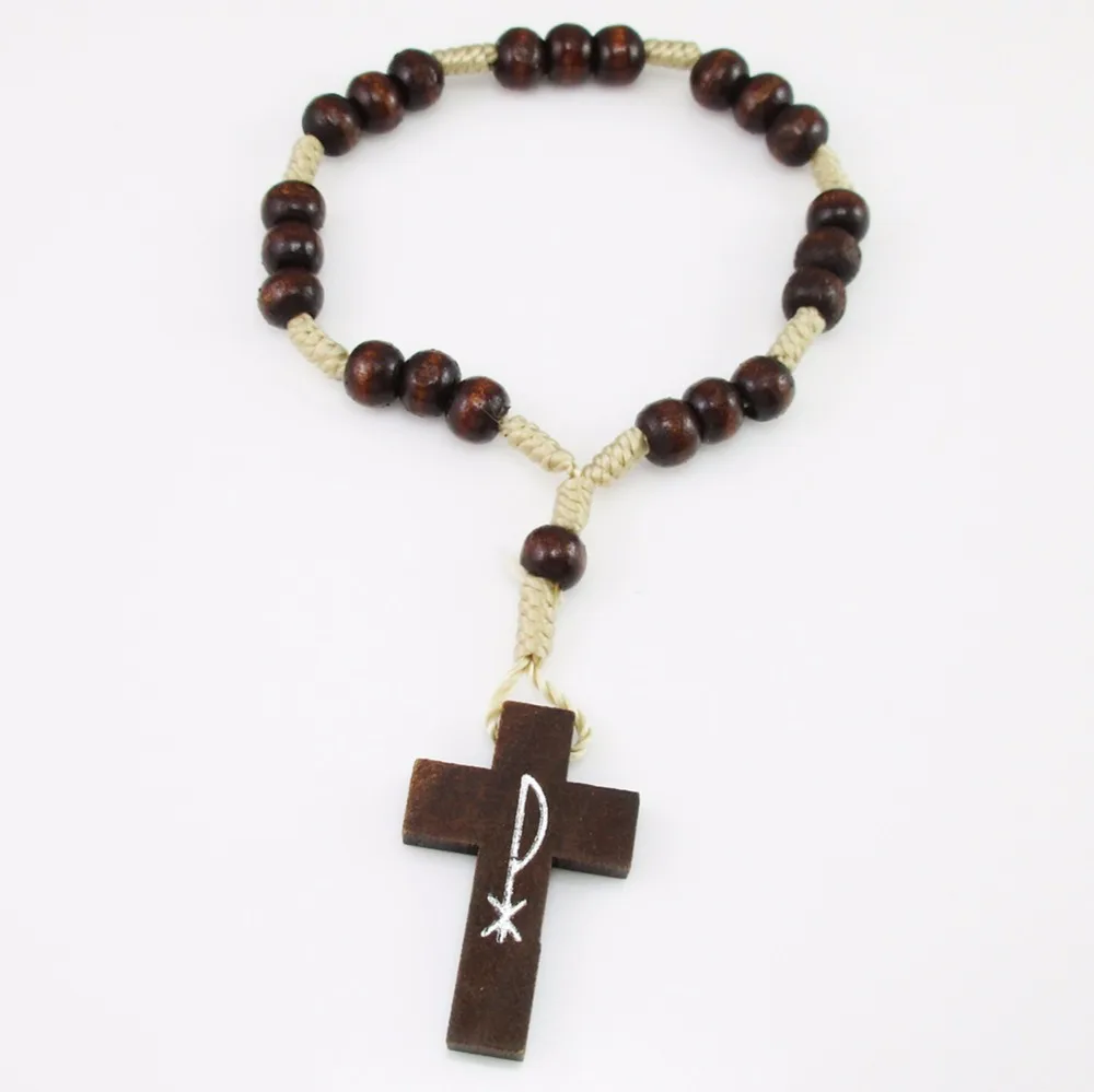 

12pcs of Brown wood beads rosary bracelet with 7 sets of 3 beads each