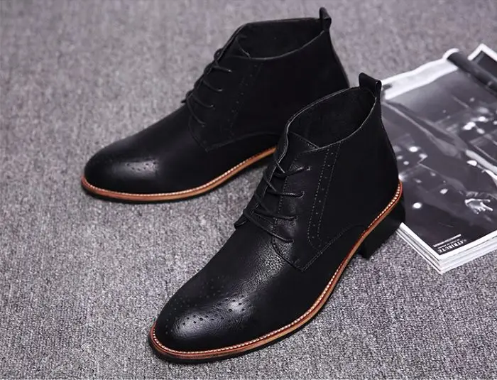 Movechain/мужские кожаные ботильоны на шнуровке в байкерском стиле брендовая мужская модная повседневная обувь с высоким берцем Мужские Винтажные ботинки с перфорацией на плоской подошве - Цвет: Model 3