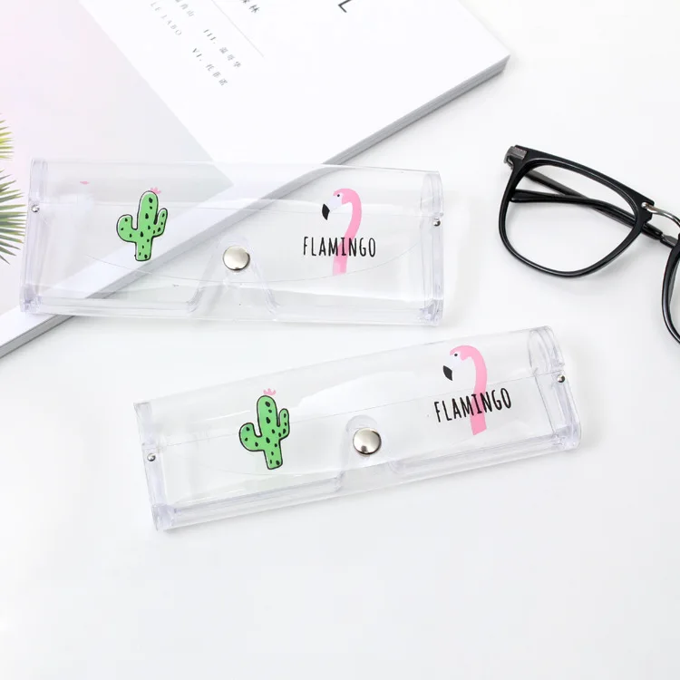 

1Pcs Kawaii cactus flamingoTransparent Plastic Eye Glasses Protector Case Metal Button Sunglasses Box Animal Pencil Case