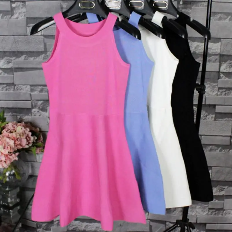 

women knitted dress hanging neck short sleeveless vest dresses A line dress