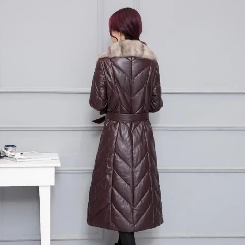 2018 Women Winter Leather Down Jacket New Big Fur Collar Faux Leather Slim Long Duck Down Coat Elegant Women Overcoat Plus Szie
