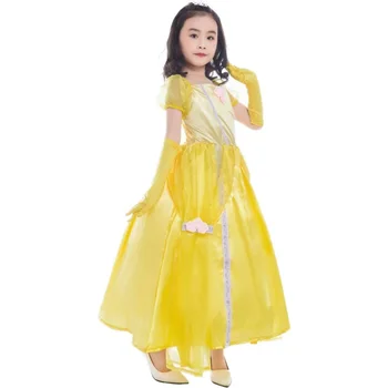 

2019 New Fairy Tale Cosplay Beauty and the Beast Costumes Princess Belle Dresses Party Fancy Girls Flower Yellow Dresses