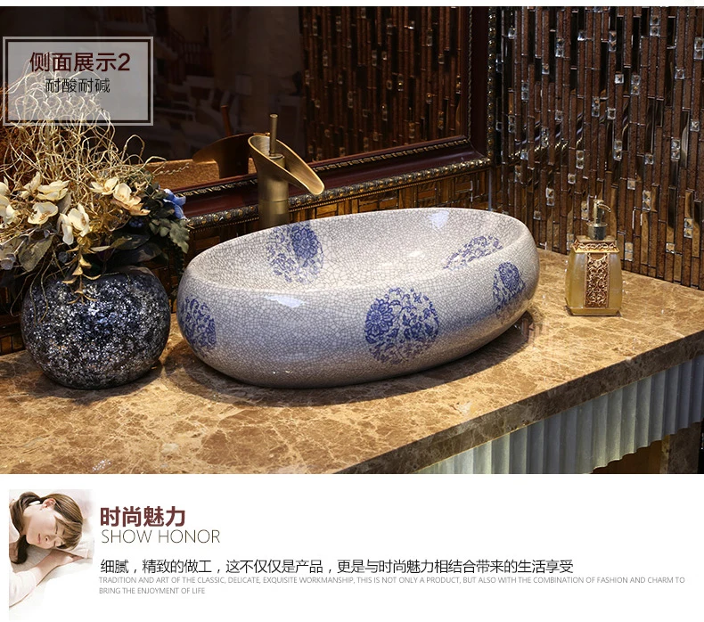 Oval Handmade China Artistic Art wash basin Ceramic Counter Top Wash Basin Bathroom Sinks blue and white handmade bathroom sinks (13)