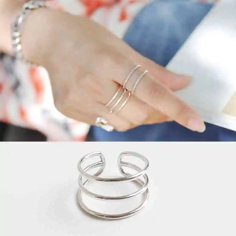 New Women Real 925 Sterling Silver Ring 3 Layers with Open Cuff Adjustable Trendy style Ring Party Accessory JewelOra RI102678