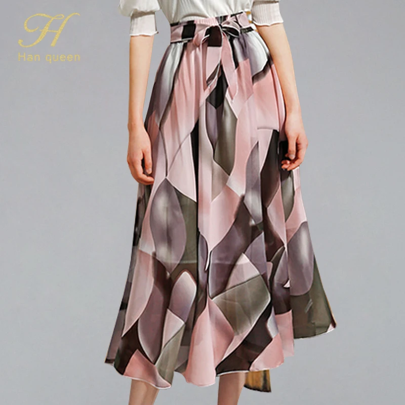 

H Han Queen Flower Floral Chiffon Print A-line Skirts Women 2019 Summer Bohemian Bow Bandage Swing Skirt Casual Wrok Wear Skirts