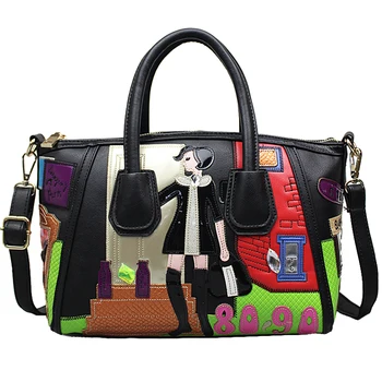 

Women Leather Patchwork Embroidery Shoulder Bags Messenger Bag Handbags Totes Braccialini Brand Style Art Cartoon Shopping Girl