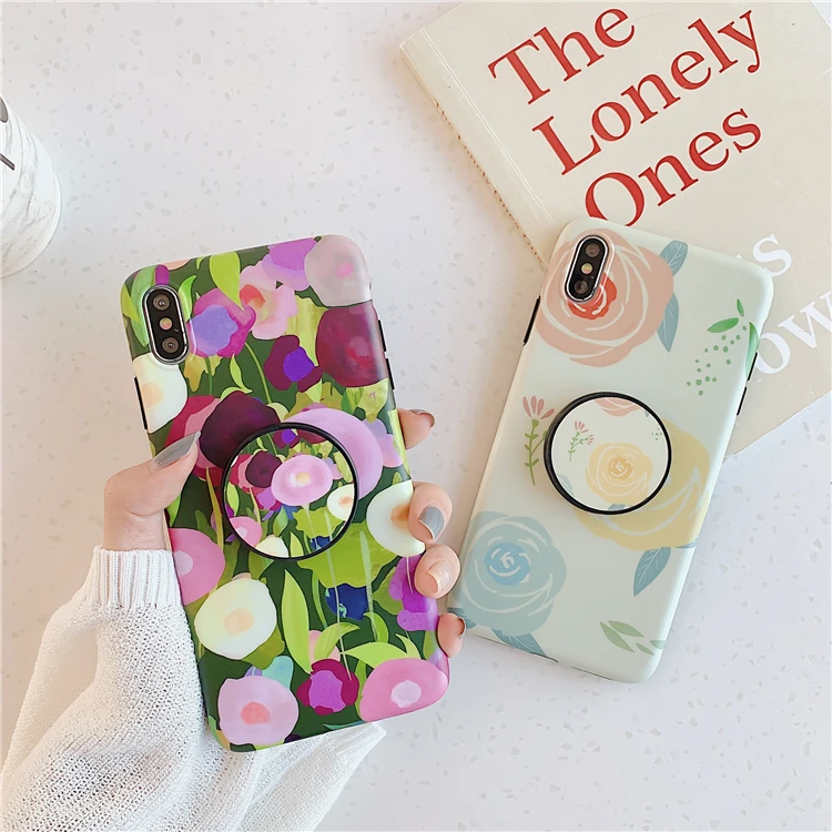 

Retro Colorful Flower Cases For iphone XR 7 8 Plus 6 6S X XS Max Soft IMD Cute Floral Phone Case Cover With the Fold Ring