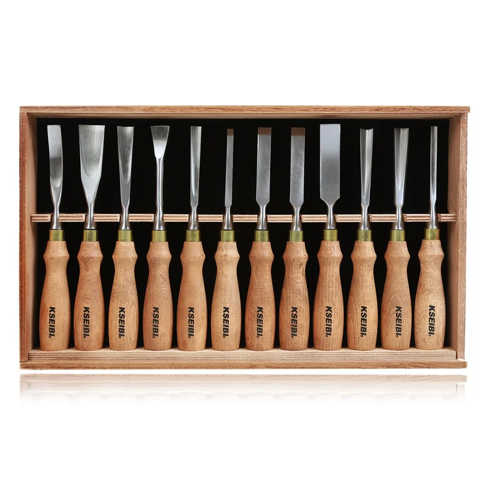 

KSEIBI 312140 Industrial Grade Woodworking Carving Wood Chisel Set Wooden Handle 12-Pieces Hardwood Handles W/ steel ferrules
