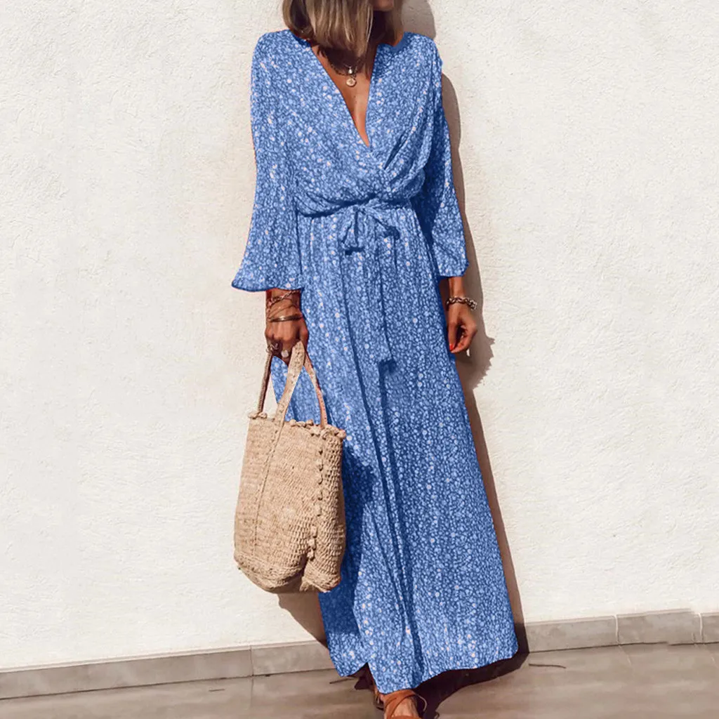 

feitong Women V-Neck Flare Sleeve Bohemia Floral Print Bow Bandage Long Maxi Dress vestidos largos verano 2019 dames kleding