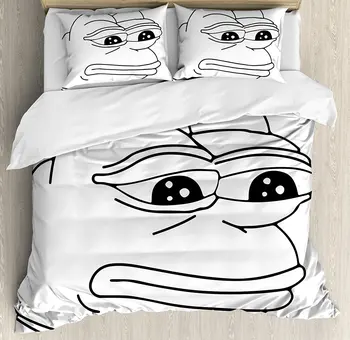 

Duvet Cover Set, Melancholic Frog Meme Cartoon Face Almost Crying Emotion Expression Design Print, 4 Piece Bedding Set