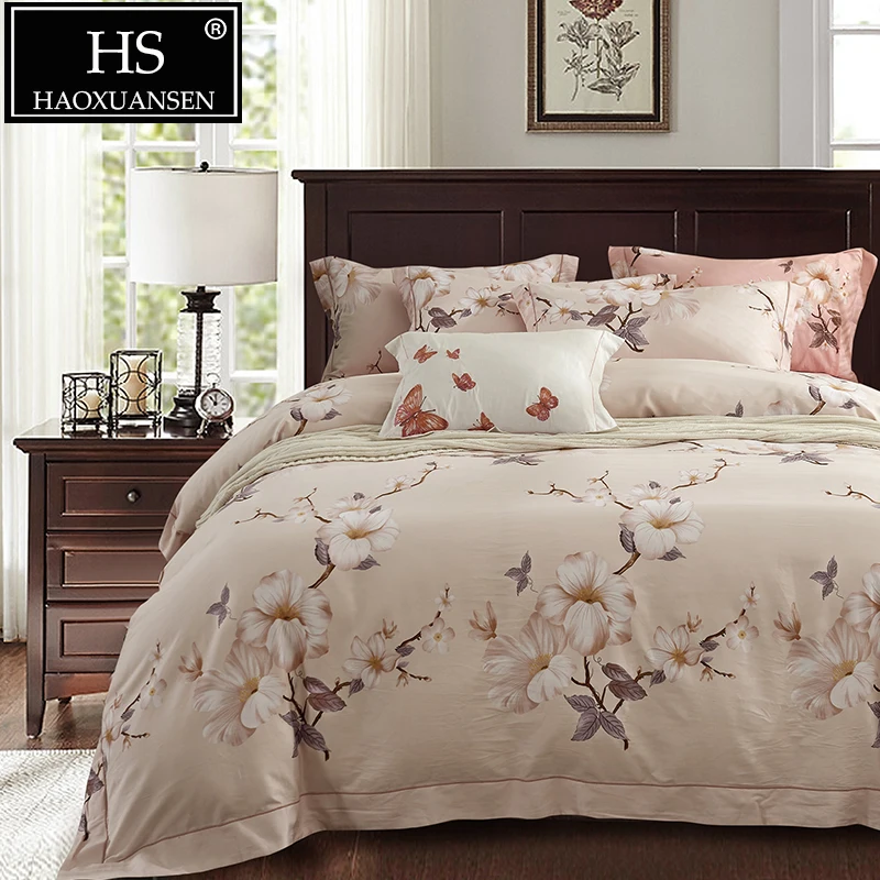 

400 Thread Count Gardenia Pattern Sanding Bedding Sets 4pcs Egyptian Cotton Satin Quilt Cover Sheet Pillow Case Queen King Size