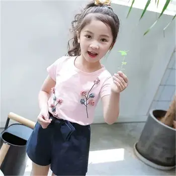 

2019 New Summer Fashion Teenage Girls Clothing Sets Children Girls Cotton Print O-Neck Tops+Solid Bow Short Pants Tracksuits L33