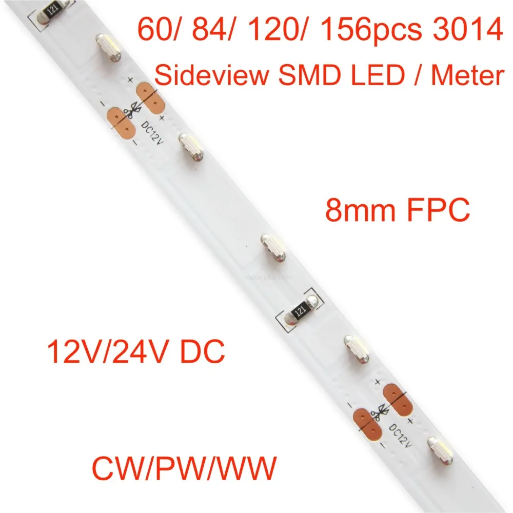 Светодиодная лента бокового вида 60/ 84/120/156 3014 SMD LED на метр постоянный ток 12 В/24 В 5 м