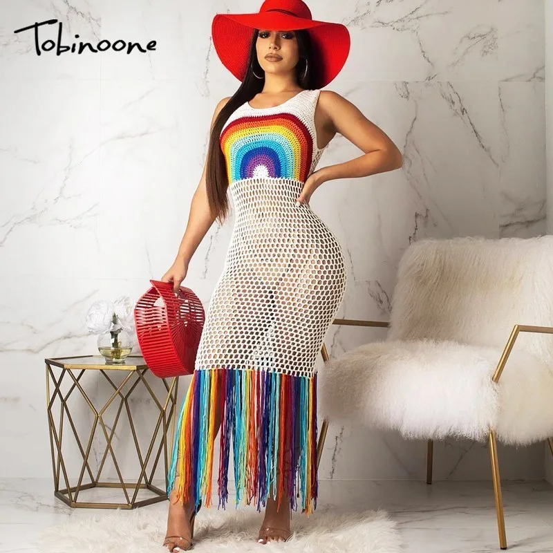 

Tobinoone Long Tassels Knitted Cover Ups Dress Hollow Out Beach Dress Sexy Ankle Length Maxi Dress Nightclub Sexy Club Wear