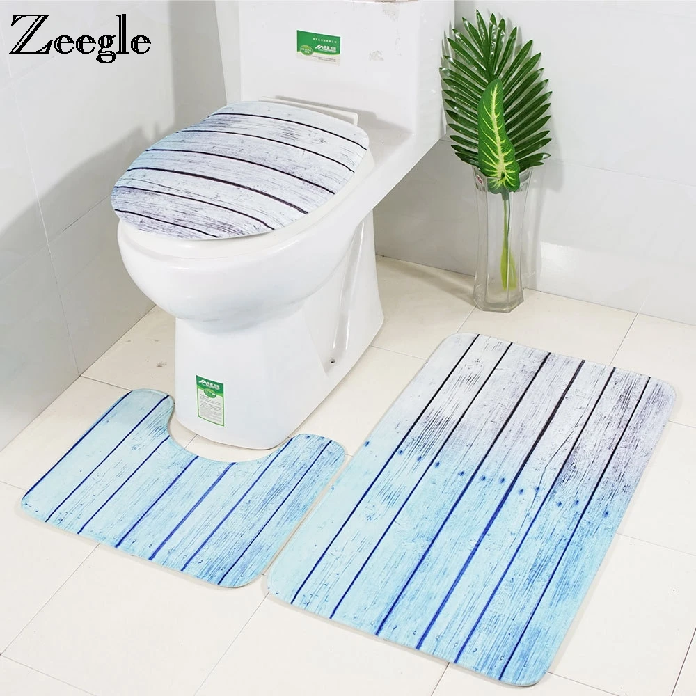 3Pcs Printed Bathroom Mat Anti-slip Mats Toilet Pedestal Mat Bathroom Rugs 