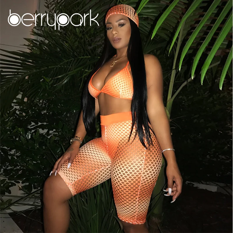 

BerryPark Fishnet Head Scarf + Bra + Shorts 3 Piece Set Women Swimsuit 2019 Summer Hollow Out Swim Suit Beach Wear Drop Shipping