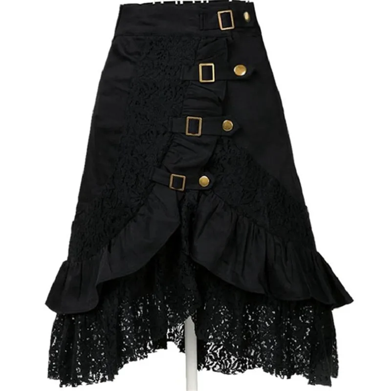 Black lace punk Rock Skirts Women 2016 New Summer Patchwork Lace Hem Midi Skirts Black Plus Size