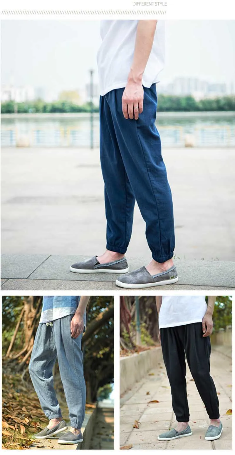 Повседневные льняные брюки длиной до щиколотки для лета мужские пляжные шорты прямые Свободные мешковатые сандалии брюки хип-хоп джоггеры с эластичной резинкой на талии