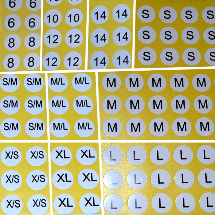 Size tags for Packaging bag Size 6 8 10 12 14 X/S S/M M/L S M L XL clothing size stickers Garment SIZE LABELS BOX tags Freeship