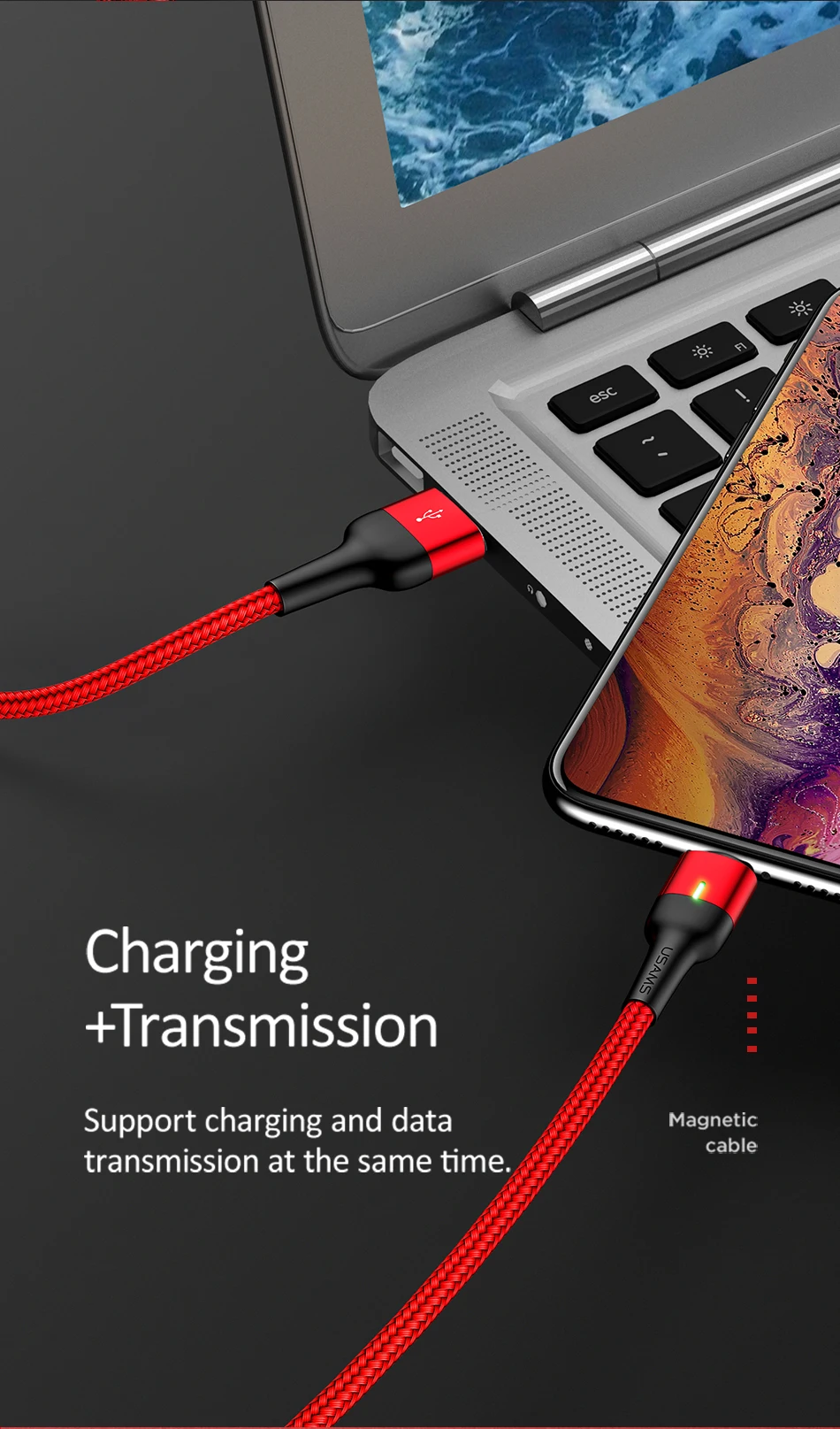 Магнитный Micro USB кабель зарядное устройство для samsung Xiaomi, USAMS Быстрая зарядка Магнитный зарядный кабель для передачи данных кабели для мобильных телефонов