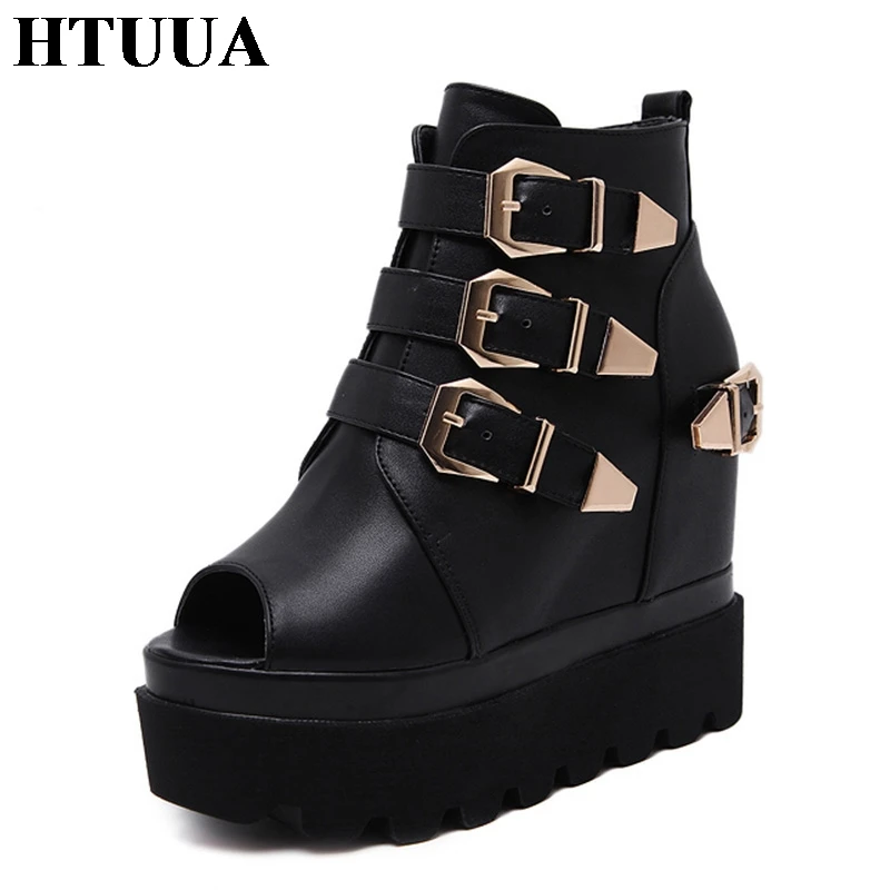 

HTUUA 2018 Brand Height Increasing Open Toe Sandals Women PU Waterproof Wedges Platform Sandals High Heels Summer Shoes SX952