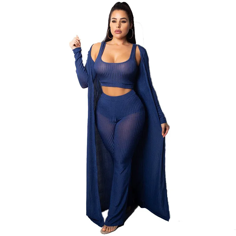 

Autumn Winter Ribbed 3 Piece Set Women Long Cardigan Coat + Crop Top and Pants Trouser Suits Navy 3 Piece Outfits Women Set