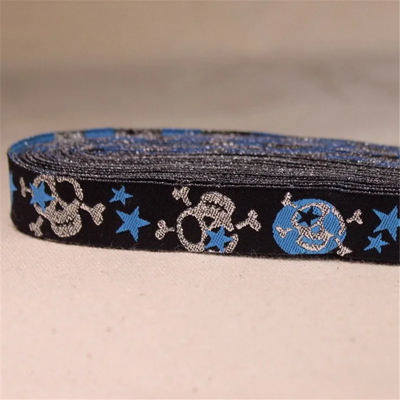 

2016 NEW wholesale 5/8" 16mm Blue Skull Stars 10 Yards/20 Yard 100% Polyester Woven Jacquard Ribbon For DIY Dog Collar