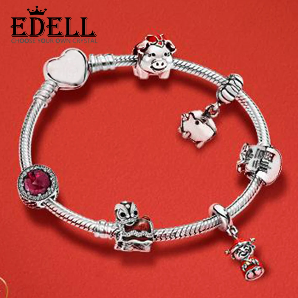 

EDELL 100% 925 Sterling Silver Bracelet Set Happy Pig Cute Red Lion Dance Full of Auspicious Blessings To Celebrate The New Year