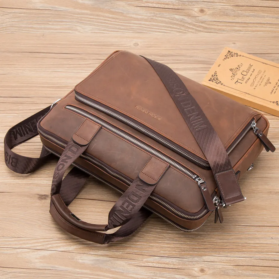 BISON DENIM Brand Men's Briefcase Satchel Bags Genuine leather 14\