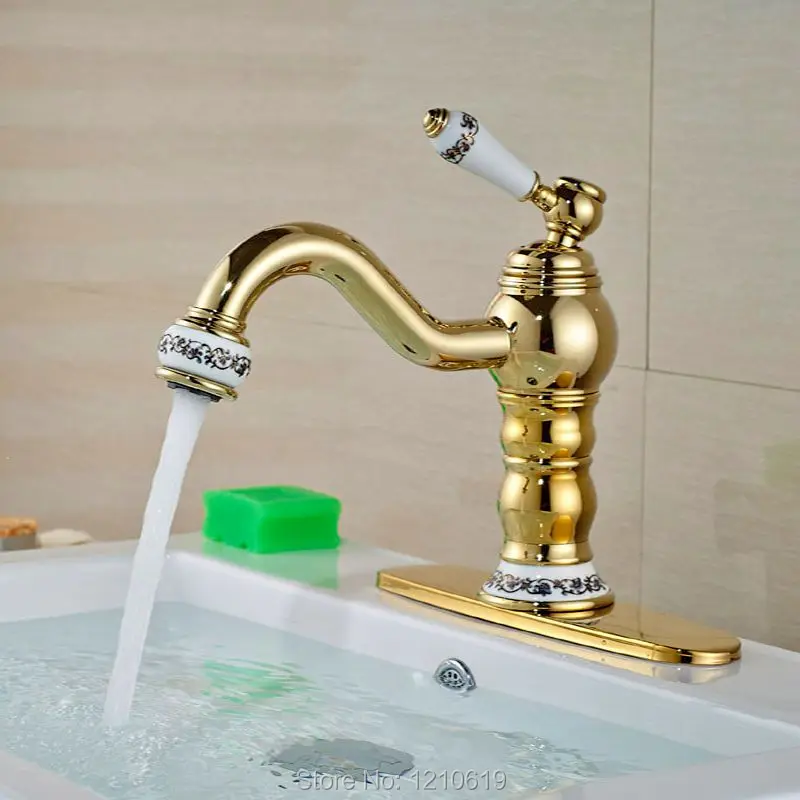 

Uythner Newly Ceramic Style Basin Faucet Single Handle Bathroom Gold Plate Sink Faucet Mixer Tap w/ Cover Plate