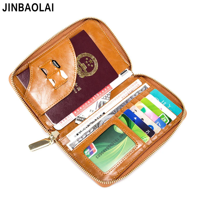 JINBAOLAI Brand High capacity Genuine Leather Passport Holder Zipper