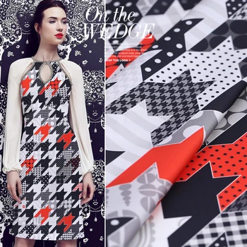 

19 Spring New 108cm wide 100% Silk Stain Charmeuse Fabric Women Dress Houndstooth Digital Print Cloth DIY Sewing Free Shipping