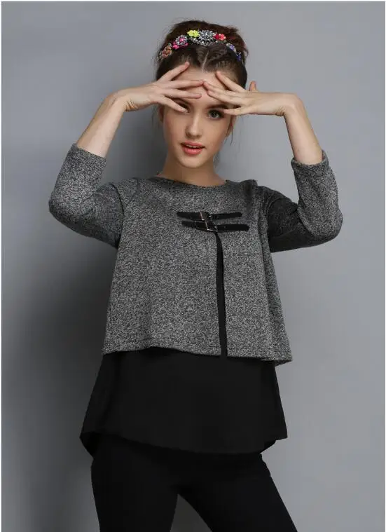 

autumn and winter ladies tops Women's clothing plus-size Casual fashion full sleeve Fake two piece Blouses & sweater Y016