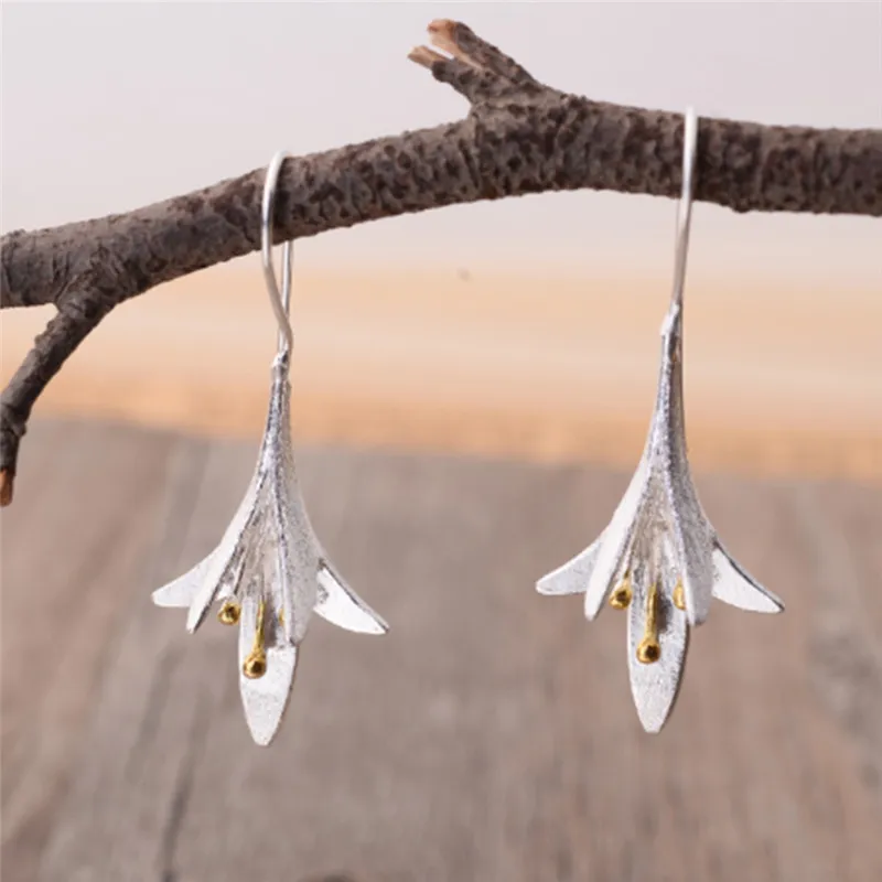 New Elegant Simple Silver Long Flower Earrings Lovely Girls Gift Statement Jewelry Pendientes for Women