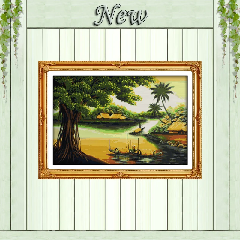 Lake hometown diy Vietnam scenery painting counted print on canvas DMC 11CT chinese Cross Stitch Needlework Sets Embroidery kits | Дом и сад