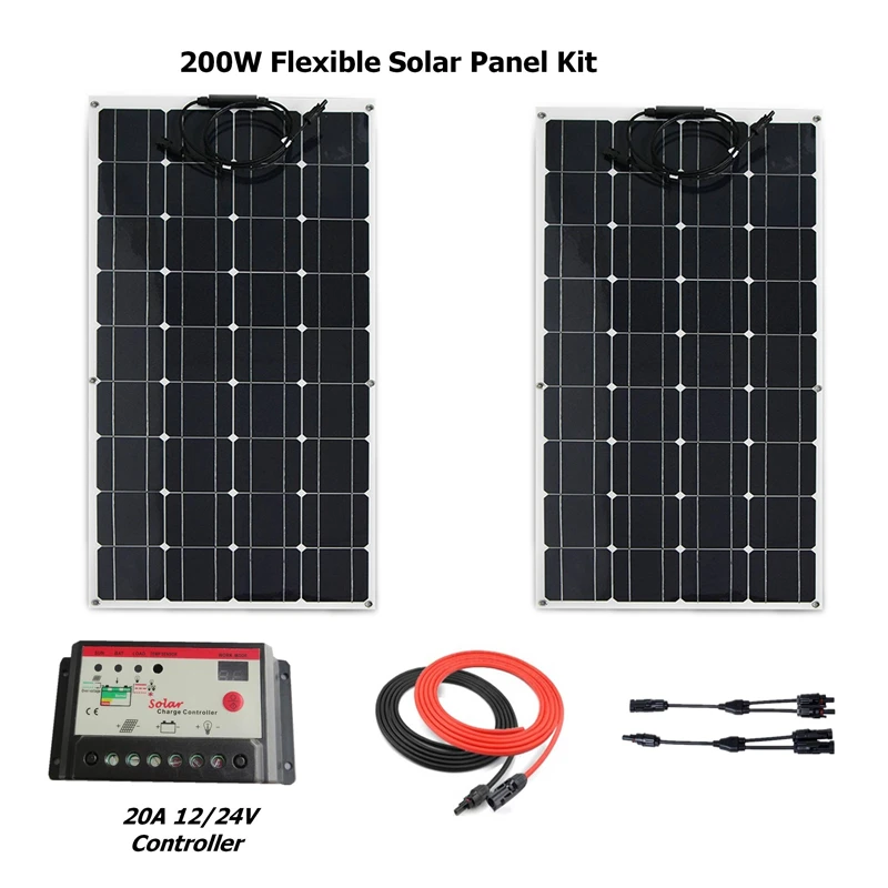 

200W Solar System Kit for Beginner Flexible Solar Panel Monocrystalline Panels+20A LED solar controller+cable+MC4 Connector