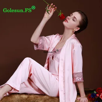 

High Quality Women High Faux Silk Pajamas Sets Girl Sexy nightgown embroidered ladies lounge three pieces pijama sets TZ011