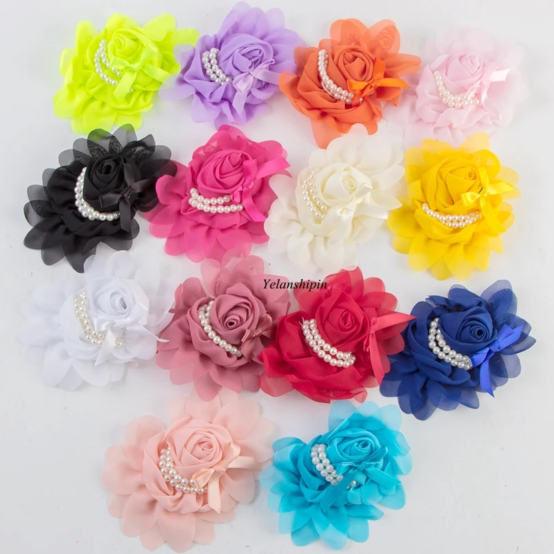 

120pcs/lot 14colors Goldfish Bowknot Chiffon Rolled Rosette Flowers Hair Clip+Pearls Solid Fabric Flowers For Girl Headbands DIY