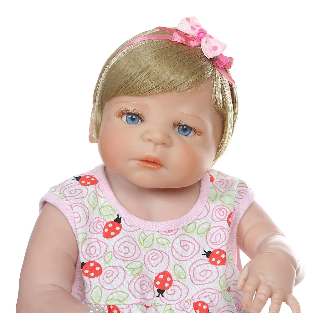 NPK 56 см кукла bebe reborn baby girl волосы блонд новорожденный силикон для всего тела