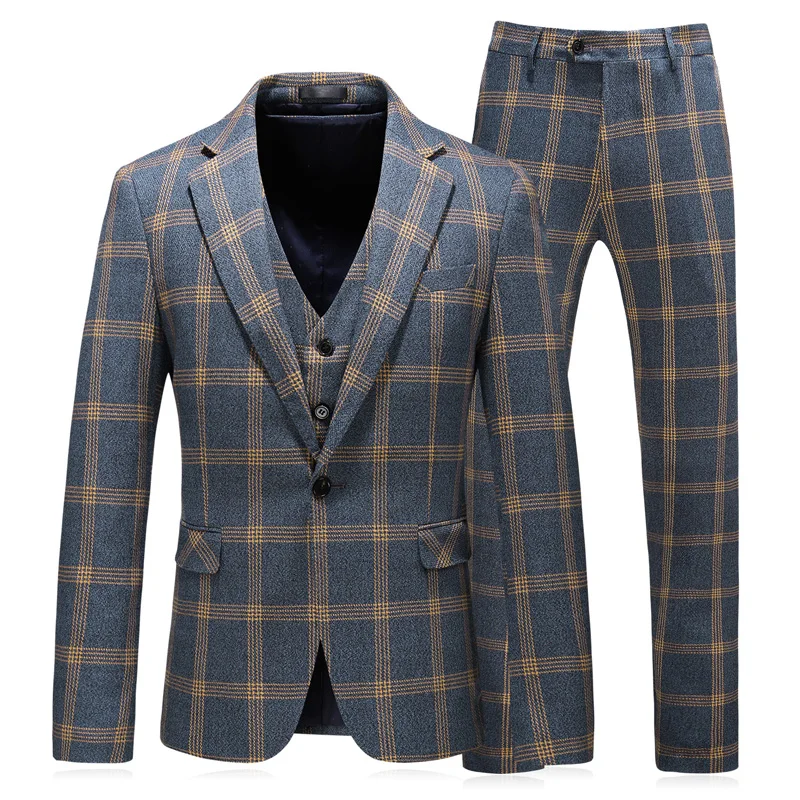 

Asian size suits 3pcs Jackets + Vest + Pants 2019 Men's Groom Wedding Dress Plaid Suits Set Men Fashion Casual Business Suit