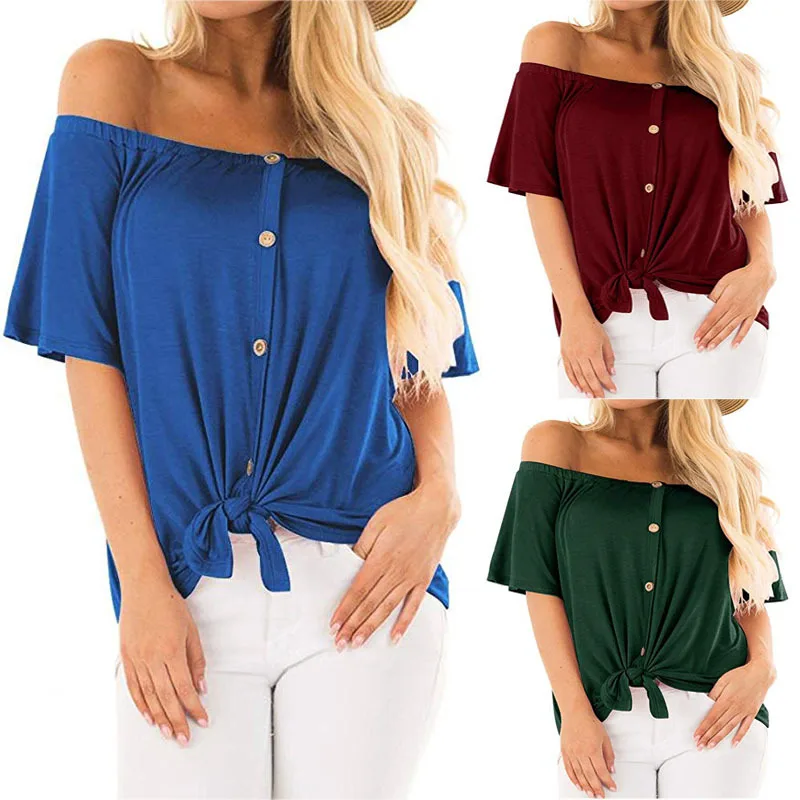 

Woman Fashion T-shirt Solid Color Off Relaxed Shoulder Casual Button Strapless Causal Women Design Buttons Top